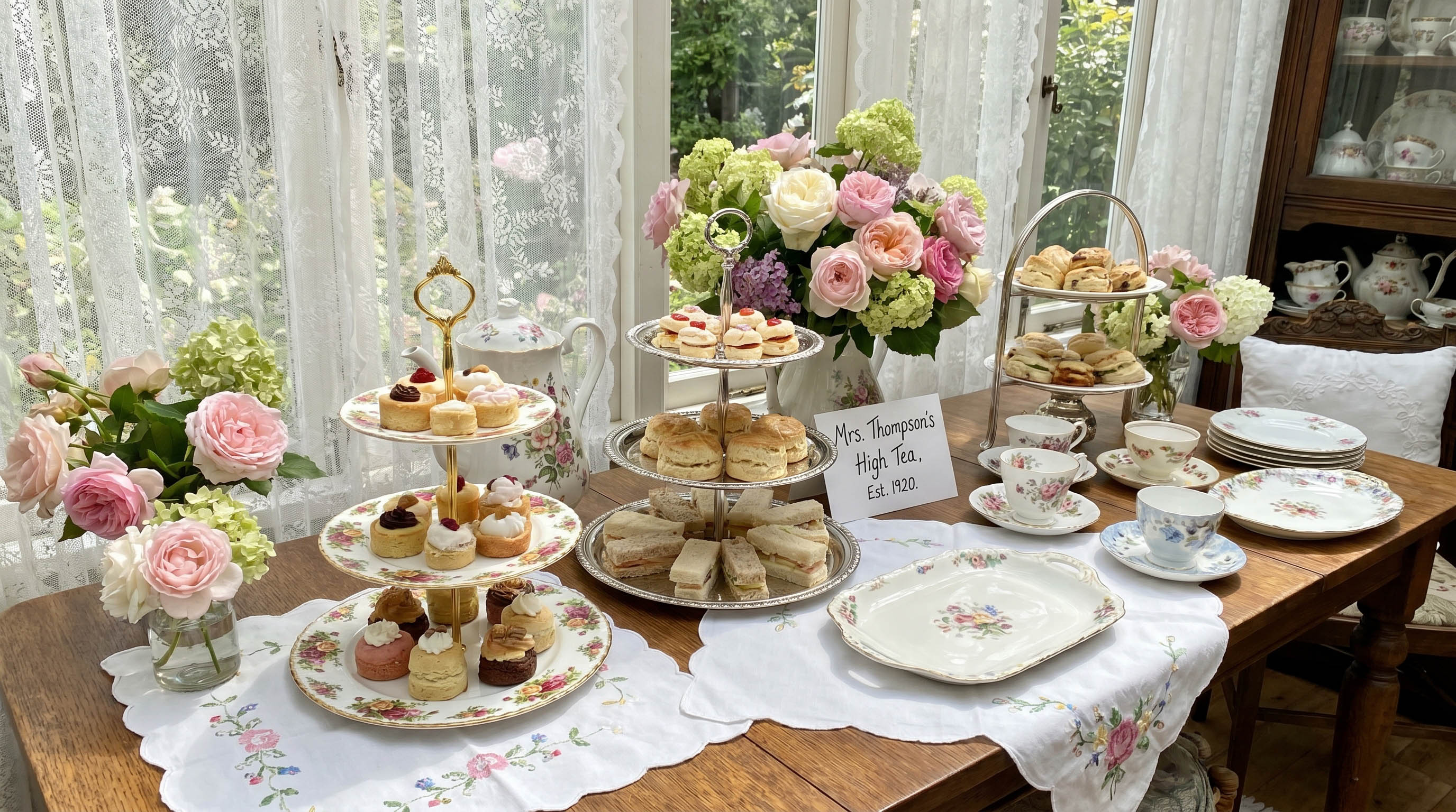 An elegant afternoon tea set on a vintage timber table with tiered stands of cakes and scones