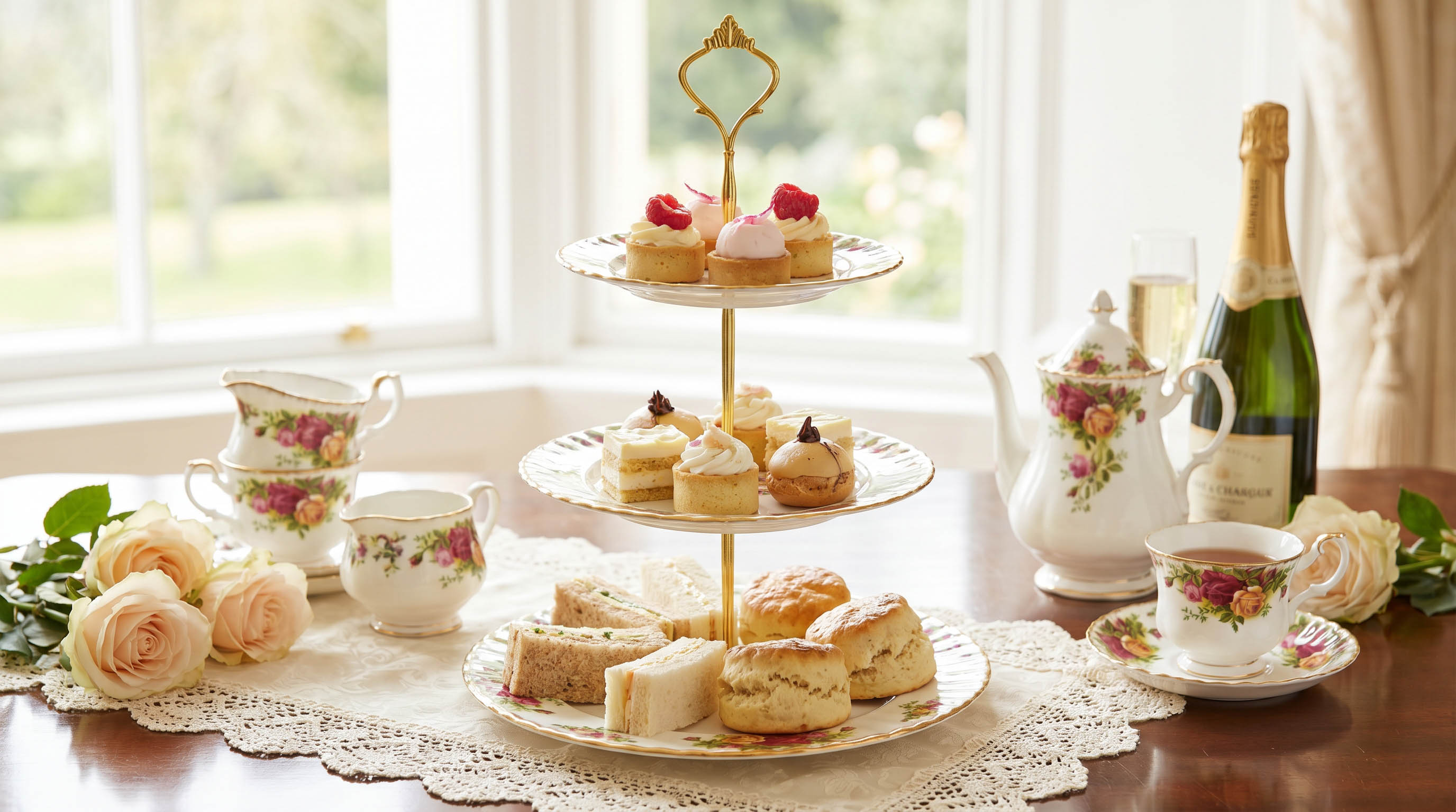 A handcrafted three tier vintage china cake stand set with afternoon tea
