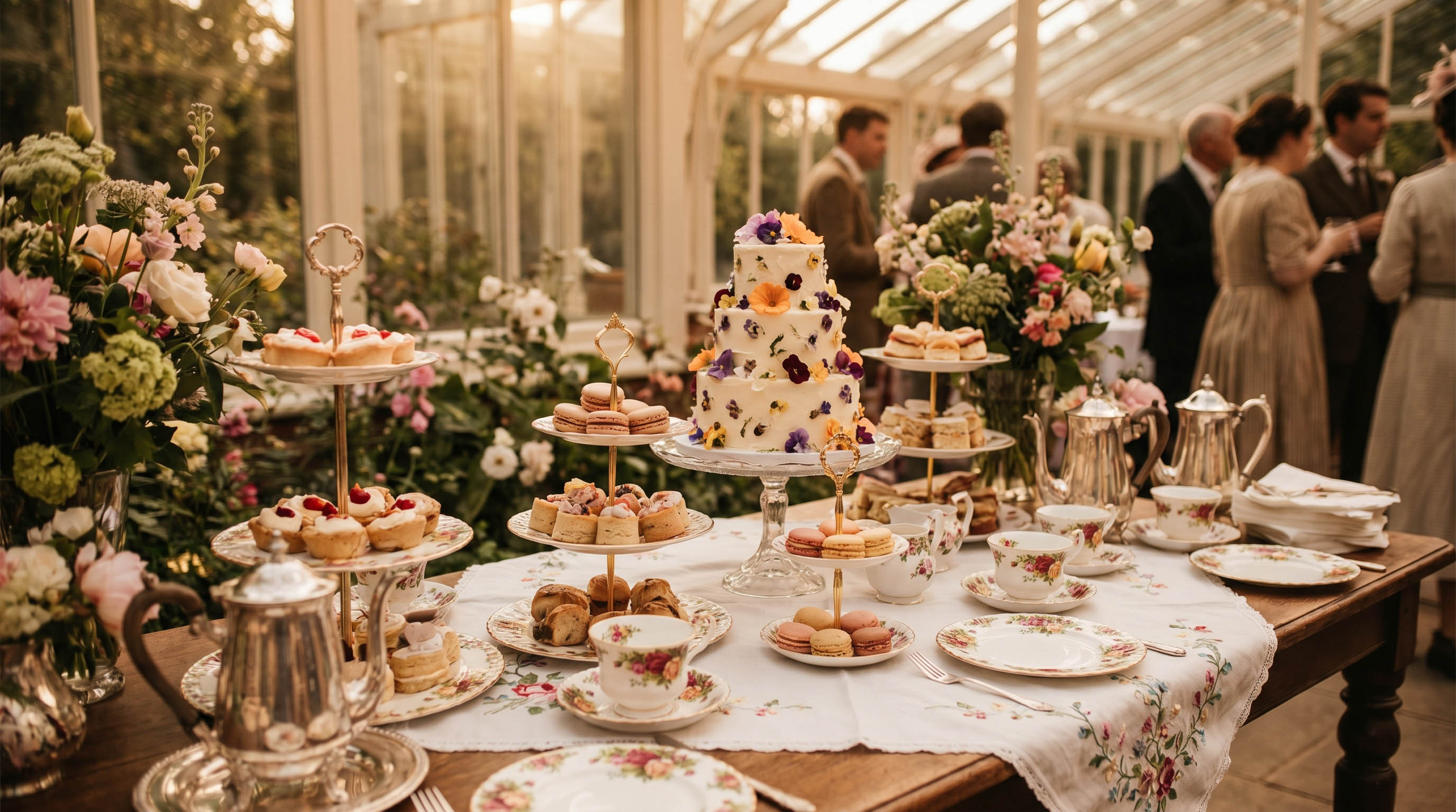 Wedding cake table with tiered stands in a conservatory