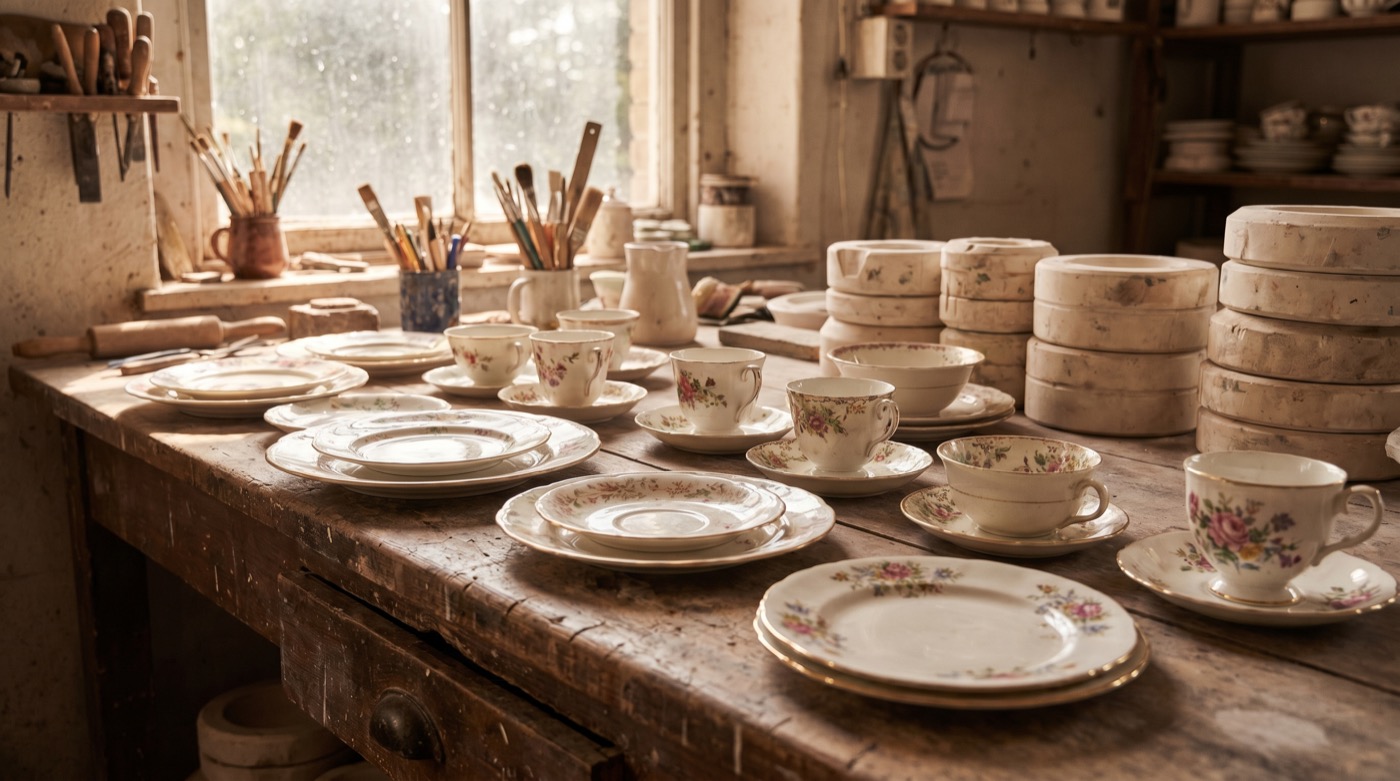 A workshop bench with vintage china plates, teacups and tools laid out ready for assembly