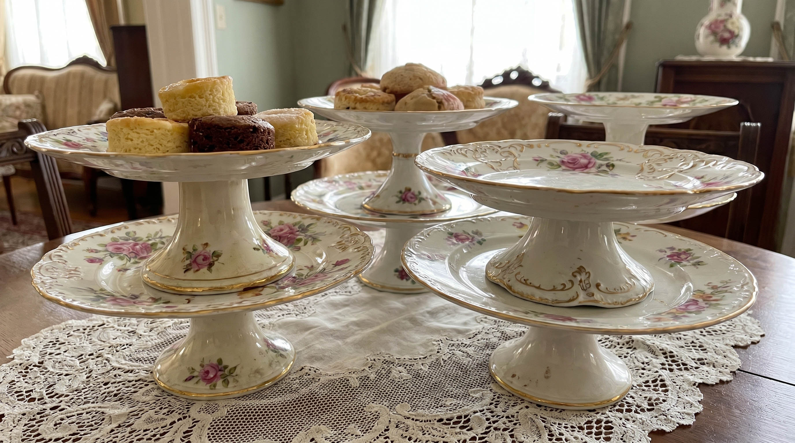 Three tier cake stand with pink rose vintage china
